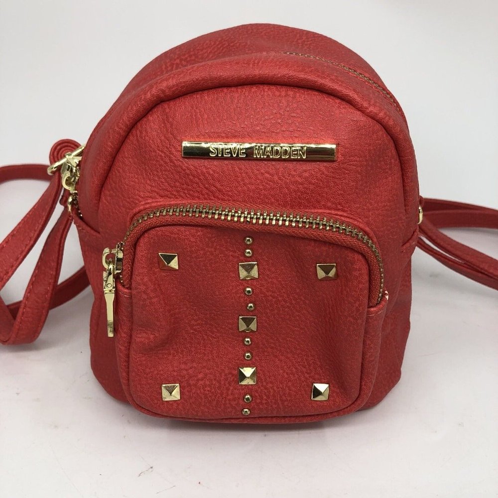 Steve Madden Convertible Gold Studded Red Mini Backpack Shoulder Bag